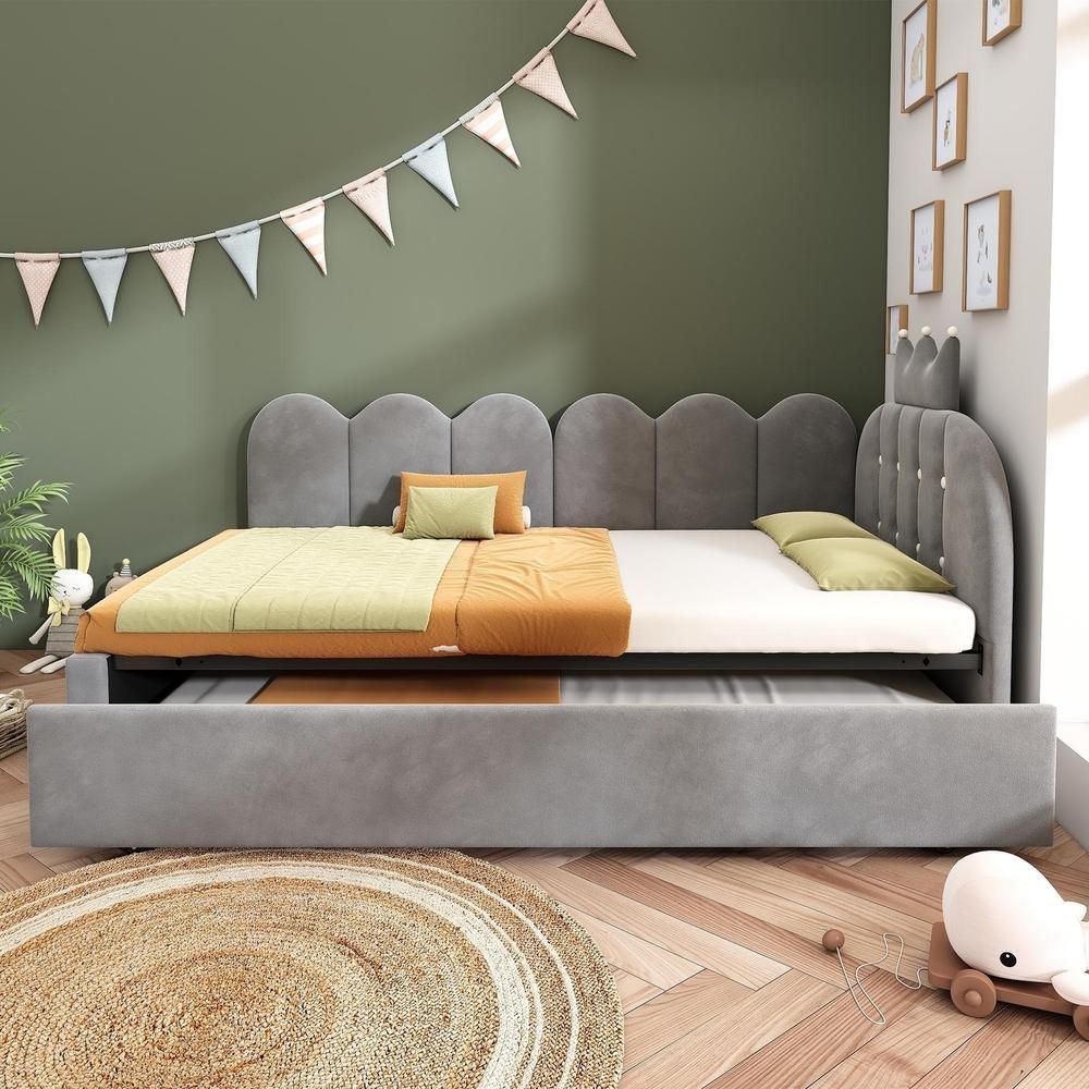 Cama nido 90x200cm con cama 90x190cm, sofá l, cajón, terciopelo gris