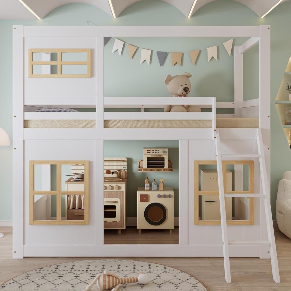 Litera infantil de madera con ventana y escalera 90x200cm blanco