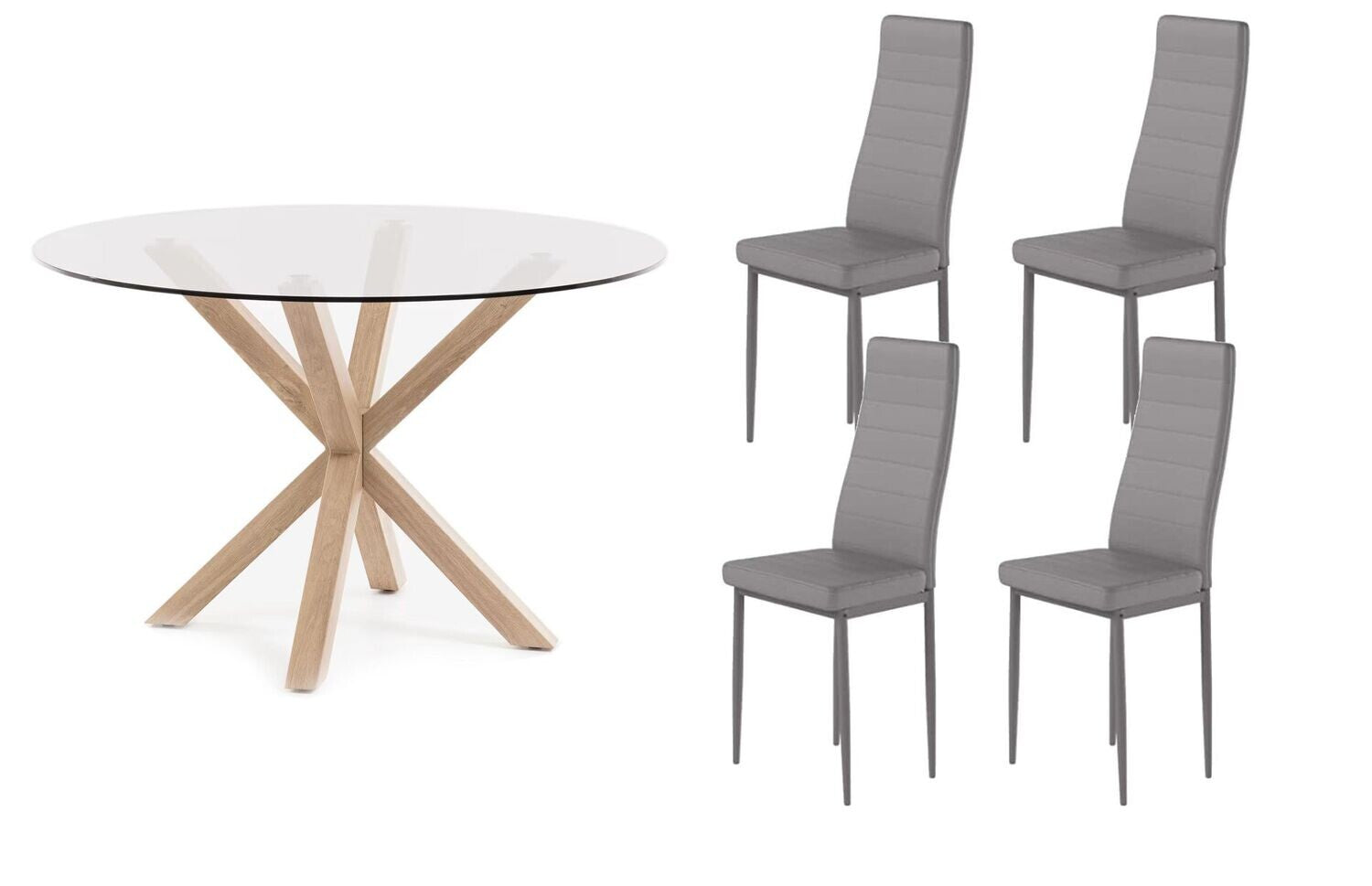 Pack mesa redonda de cristal templado + 4 sillas polipiel/metal gris