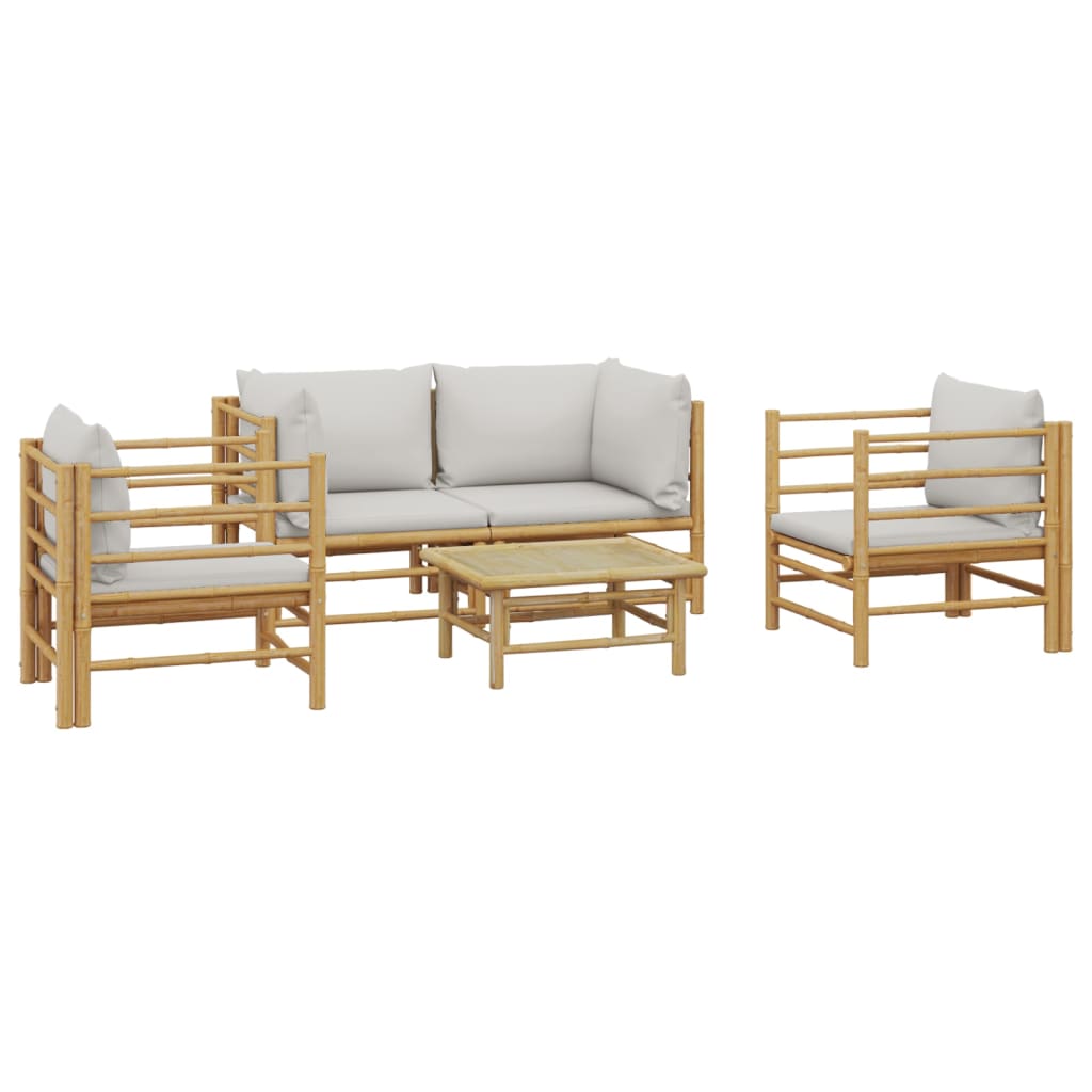 vidaXL set de muebles de jardín 5 piezas bambú y cojines gris claro