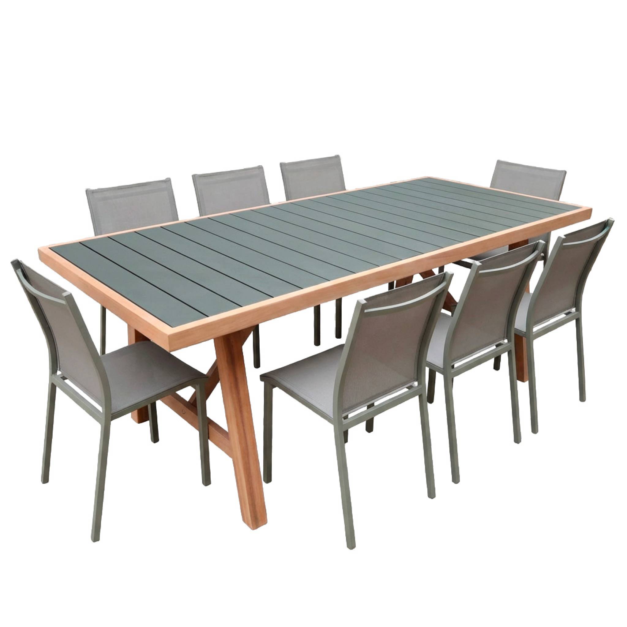 Mesa de jardín de madera de acacia y aluminio con 8 sillas verde kaki