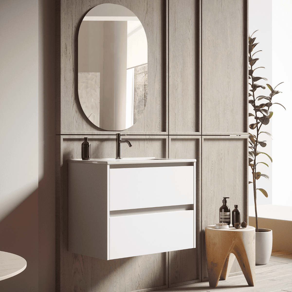 Mueble de baño suspendido lavabo cerámico | 2 cajones | 60 cm blanco mate