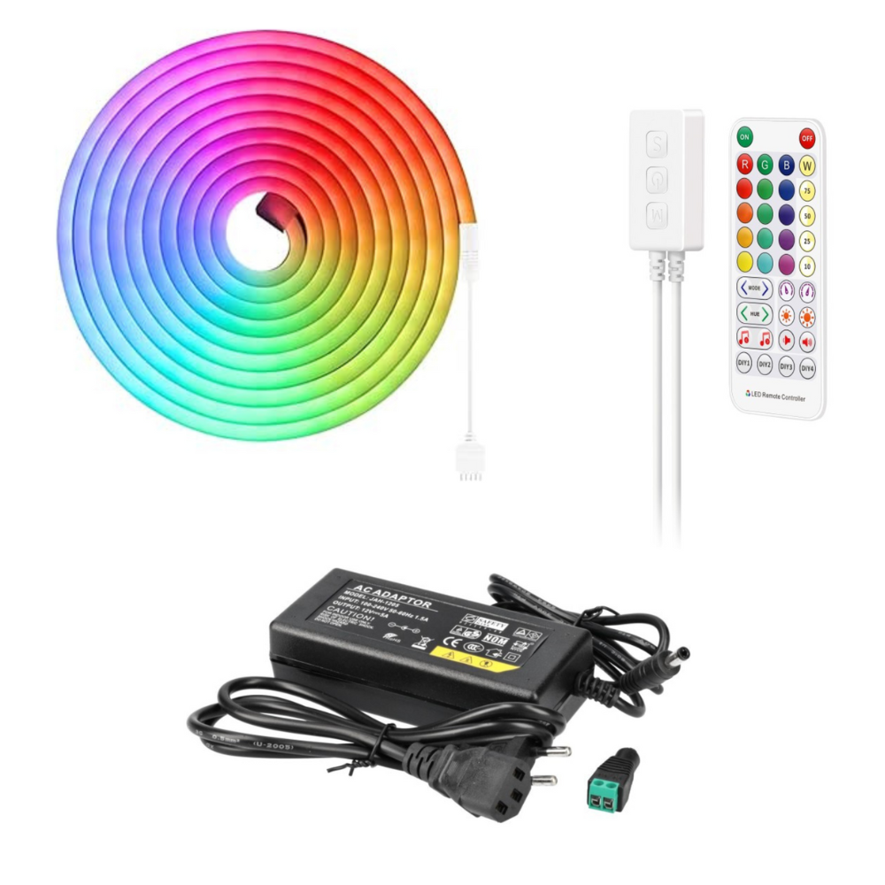 Kit neón LED 12v, 5m 6x12mm 108 LEDs/m. Rgb + controlador + tranformador