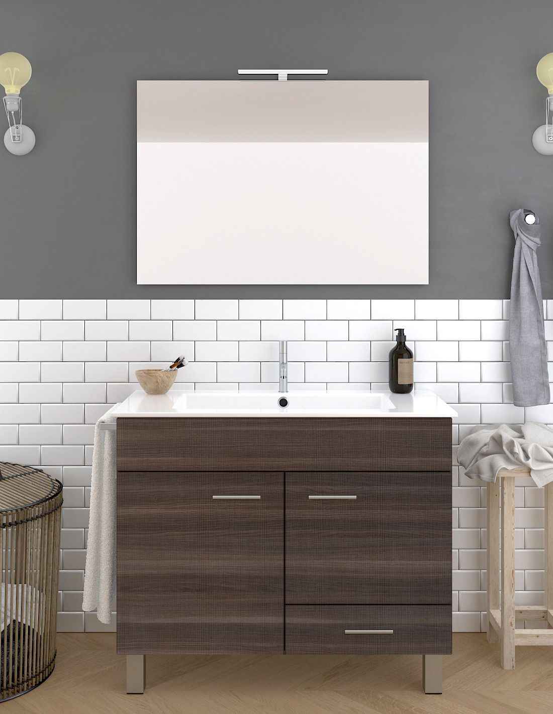 Mueble de baño samos, lavabo y espejo 90x45cm fresno tea