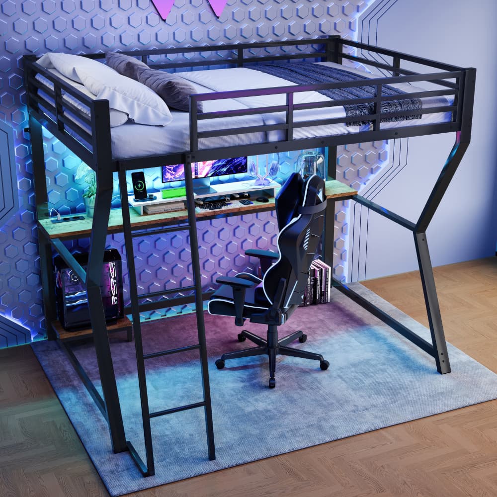 Cama alta 90x200cm con LED y escritorio, estante y usb, metal y mdf – negro