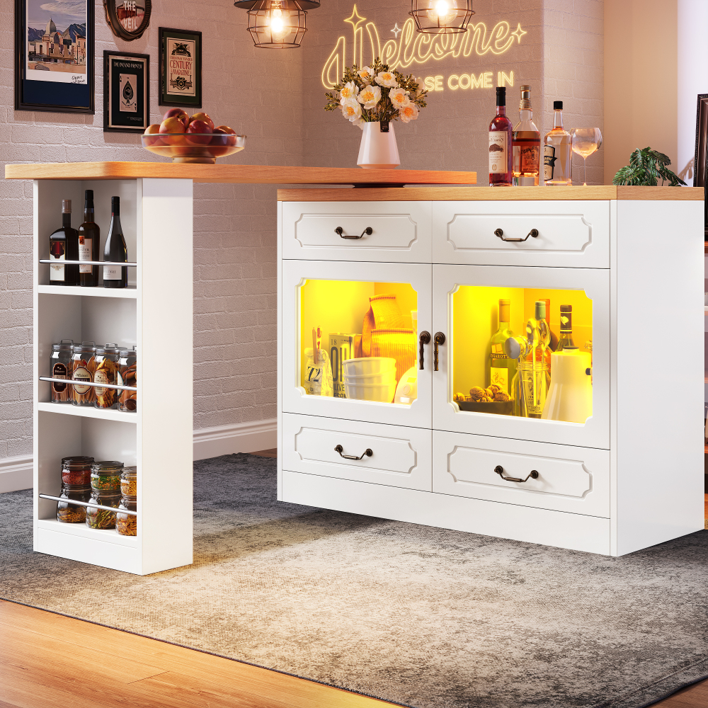 Mesa bar extensible con almacenaje y LED blanco y natural 92,8x135-203x39cm