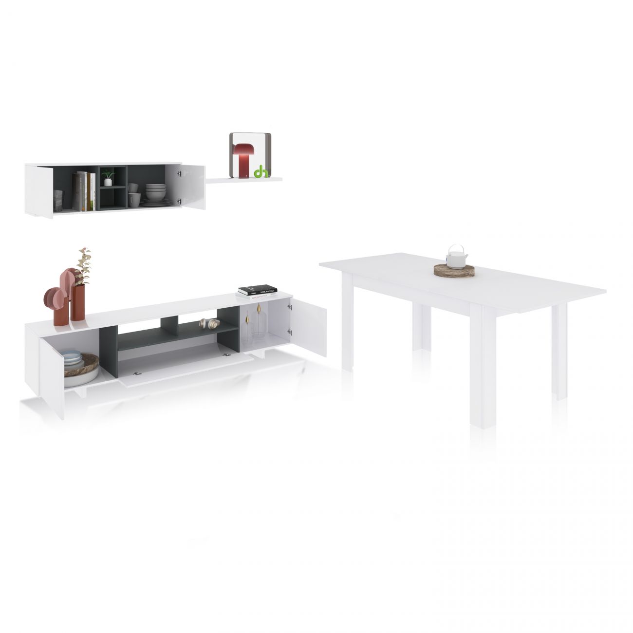 Pack salón con mesa de comedor kenzo plus vb blanco brillo - gris antracita