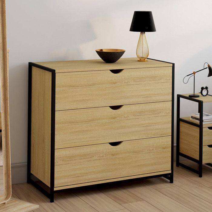 Cómoda industrial de madera y metal - 3 cajones - 82 cm