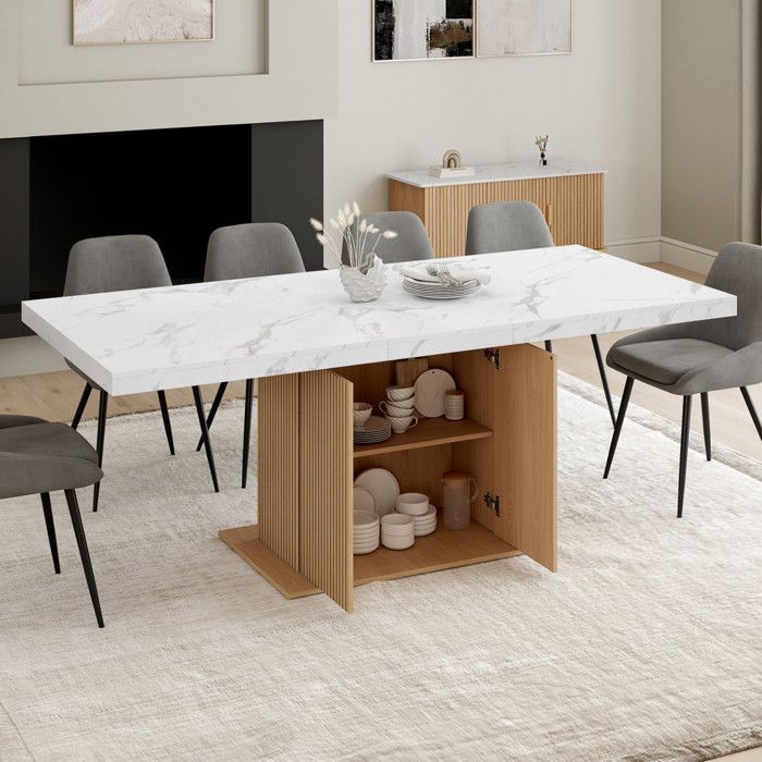 Mesa de comedor extensible de madera y mármol - 160-200 cm