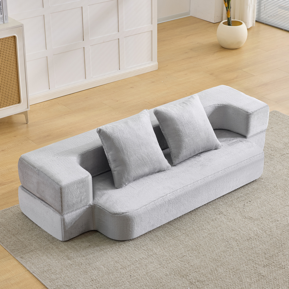 Sofá cama plegable 2 plazas gris claro con cojines