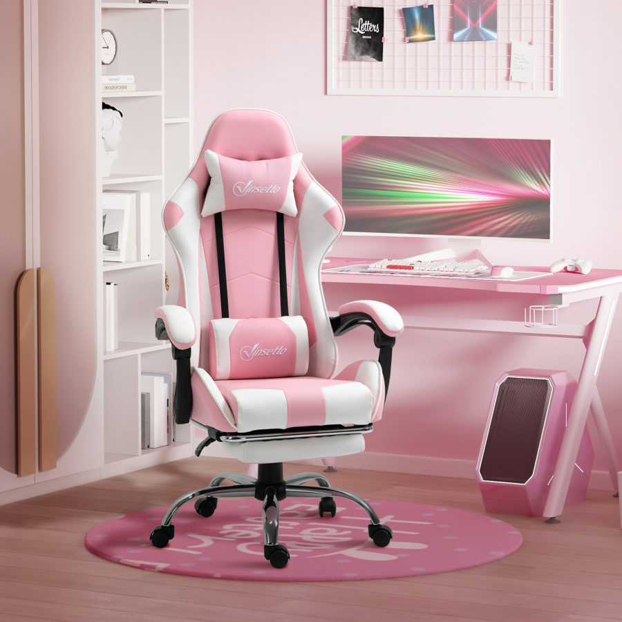Silla de oficina ergonómica rosa con reposacabezas y reposapiés
