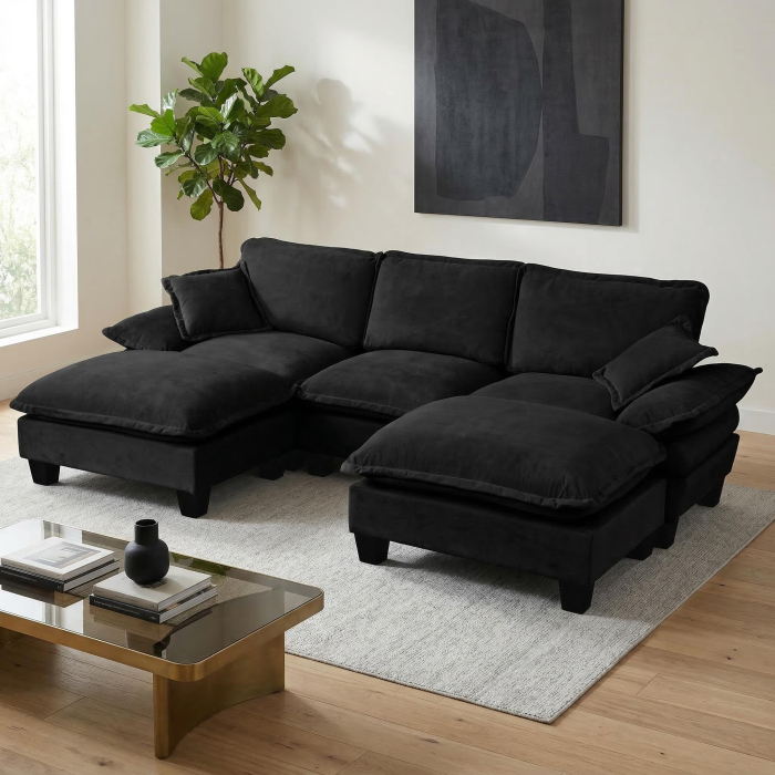 Sofá en u modular de chenilla negro con 2 otomanas móviles y 2 cojines