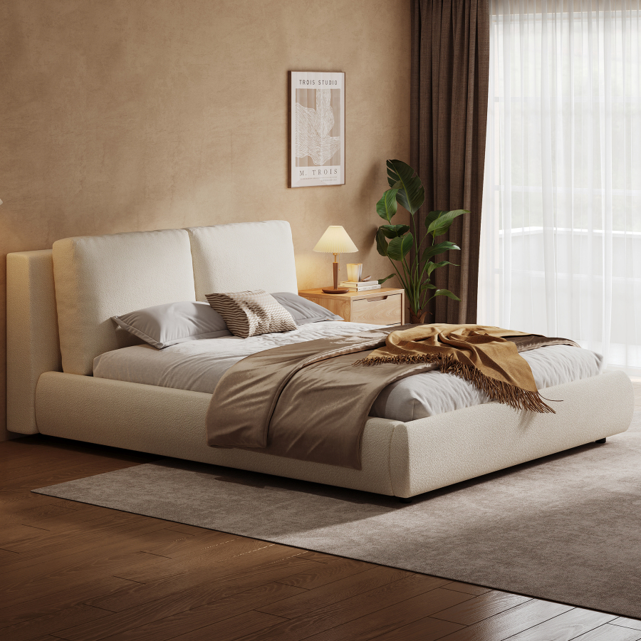 Cama tapizada 180x200cm con somier y cabecero bouclé beige