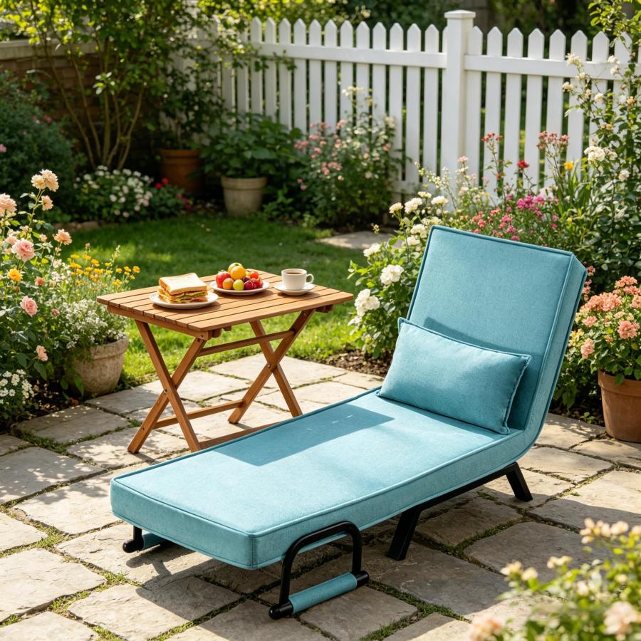 Sillón cama plegable 3 en 1 azul lino y metal con respaldo ajustable
