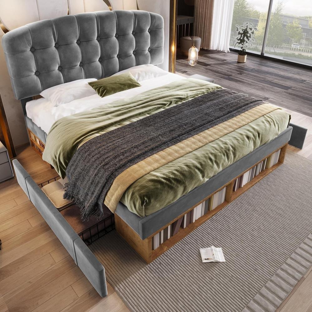 Cama 140x190cm terciopelo cabecero ajustable cajones almacenaje gris