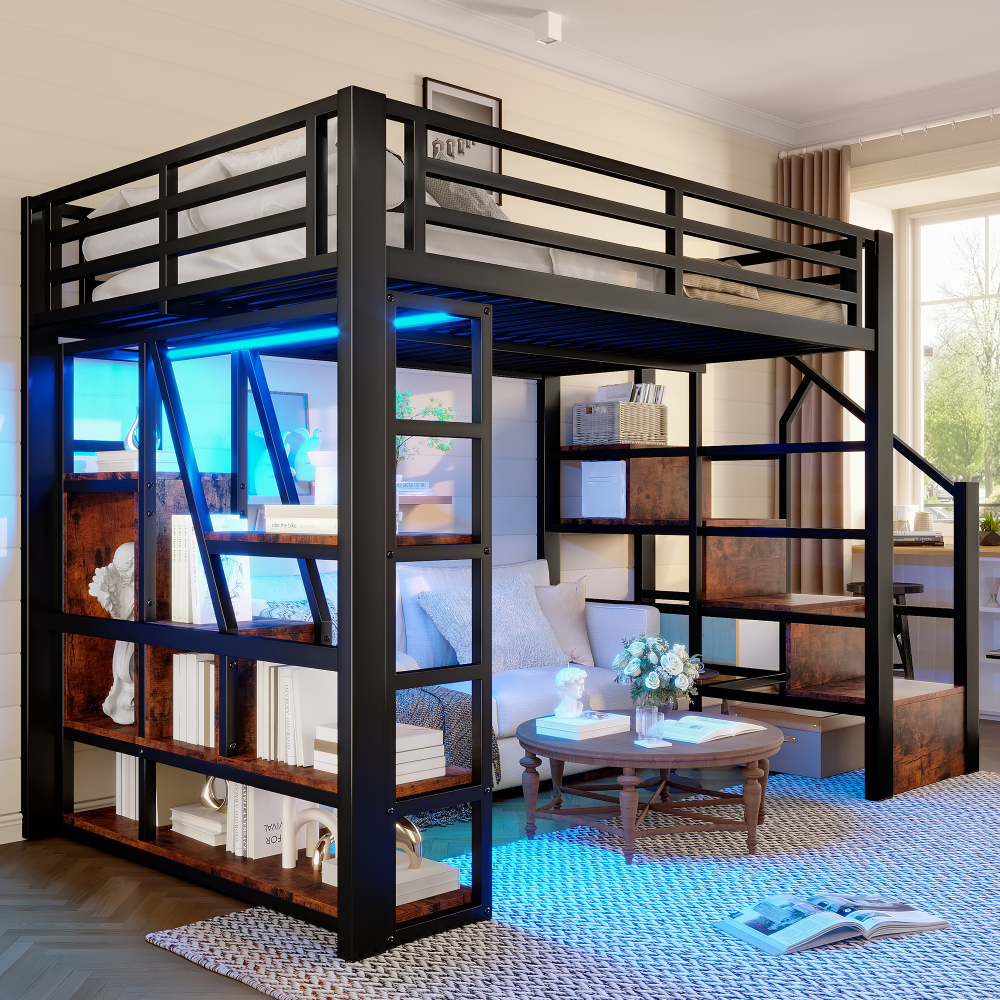 Cama alta 140x200 cm con LED y almacenaje metal y mdf – color negro