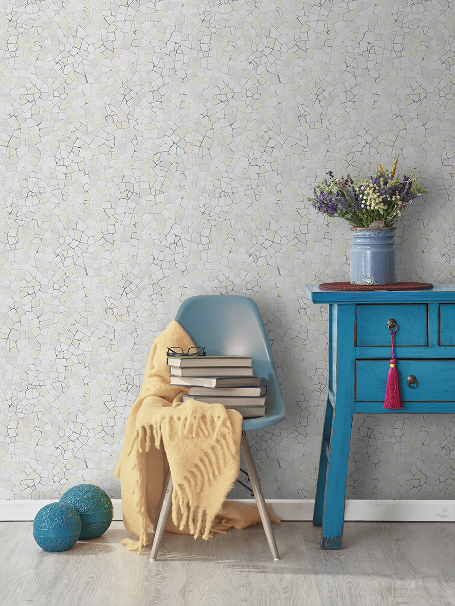 Papel pintado tnt mosaico gresite beige y gris