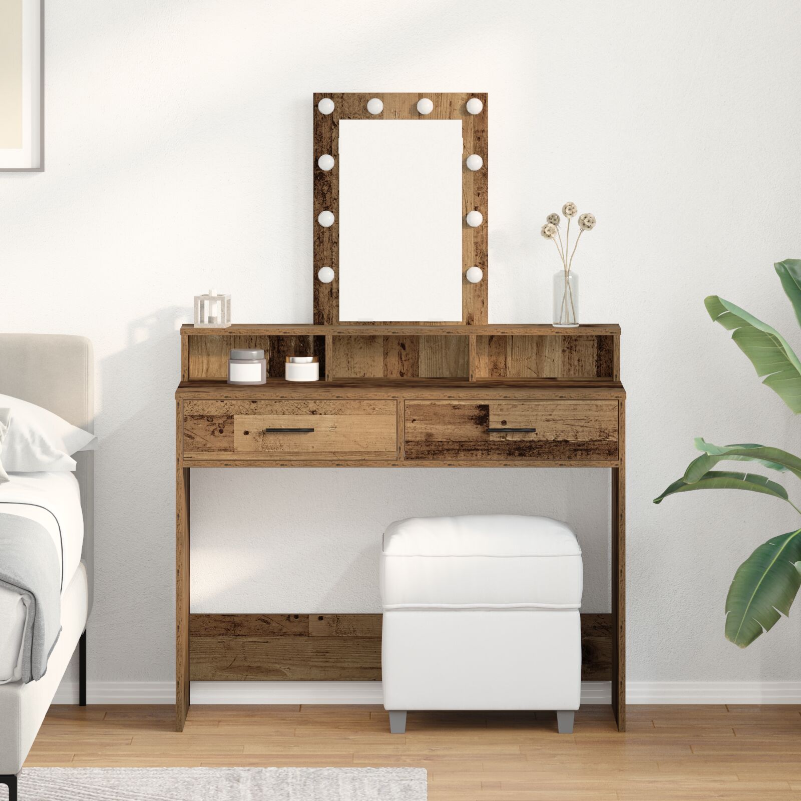 Mesa de tocador con luces LED de madera vieja 100x41x140 cm oif248722