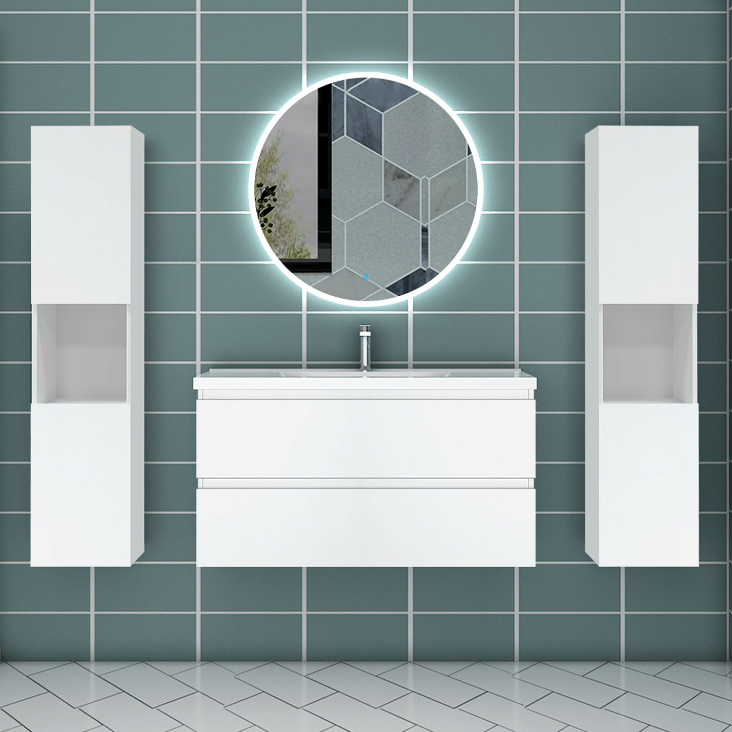 Mueble de baño aica 99×44,5cm,blanco con espejo y armario lateral