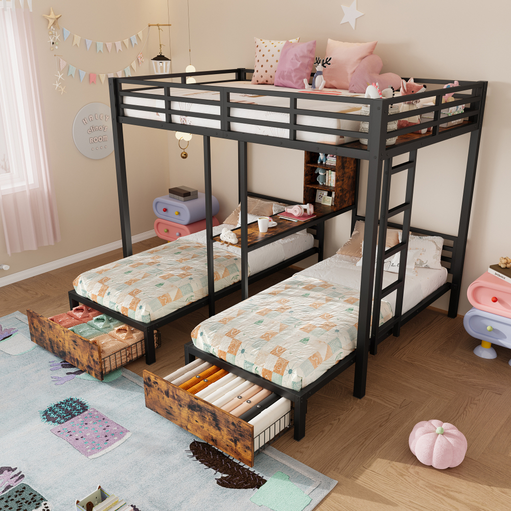 Litera con cajones convertible en 140x200 y 2 camas 90x200 mdf+metal negro
