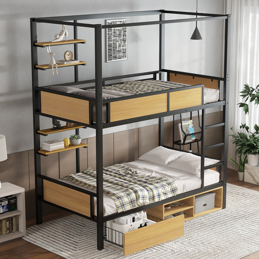 Litera 90x200cm con estantes, barra y escalera metal+mdf negro+natural