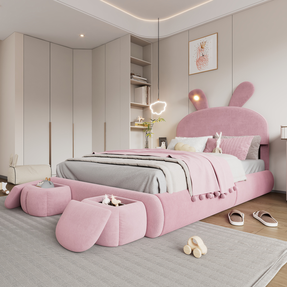 Cama doble 140x200cm con canapé, LED y baúles pie de cama, terciopelo rosa