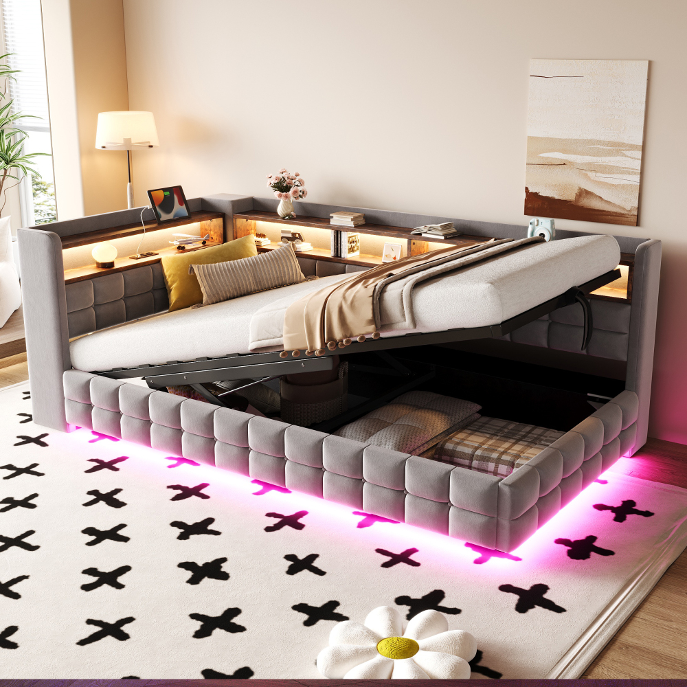 Sofá cama 90x200cm con canapé hidráulico LED y usb terciopelo gris claro