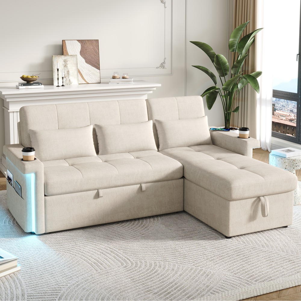 Sofá cama l chenilla beige 3 plazas LED usb c almacenaje respaldo ajustable
