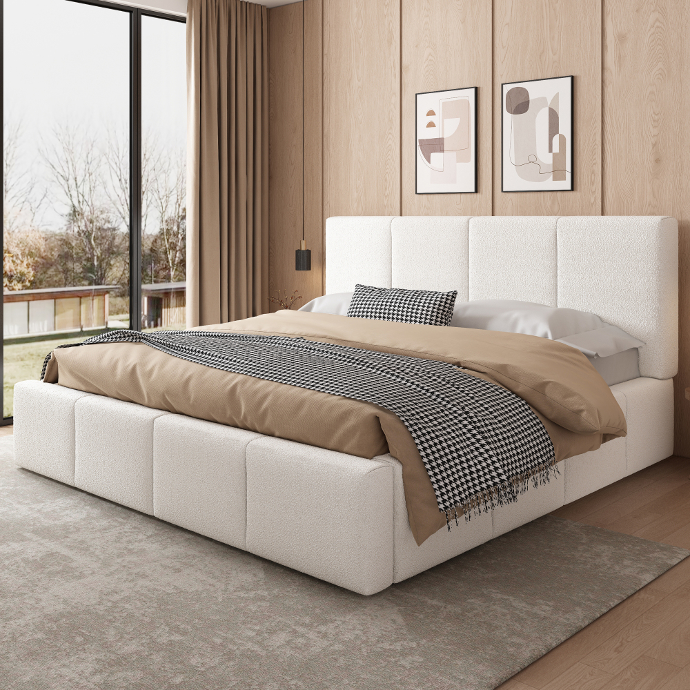 Cama tapizada 180x200 cm con somier y cabecero bouclé – color beige