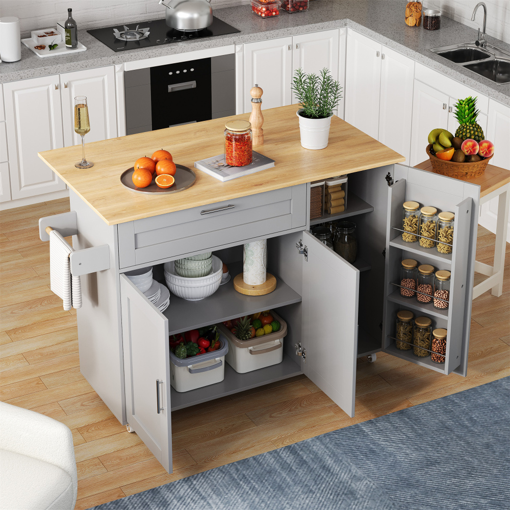 Isla de cocina móvil con encimera abatible gris 90x132,5x44/70cm