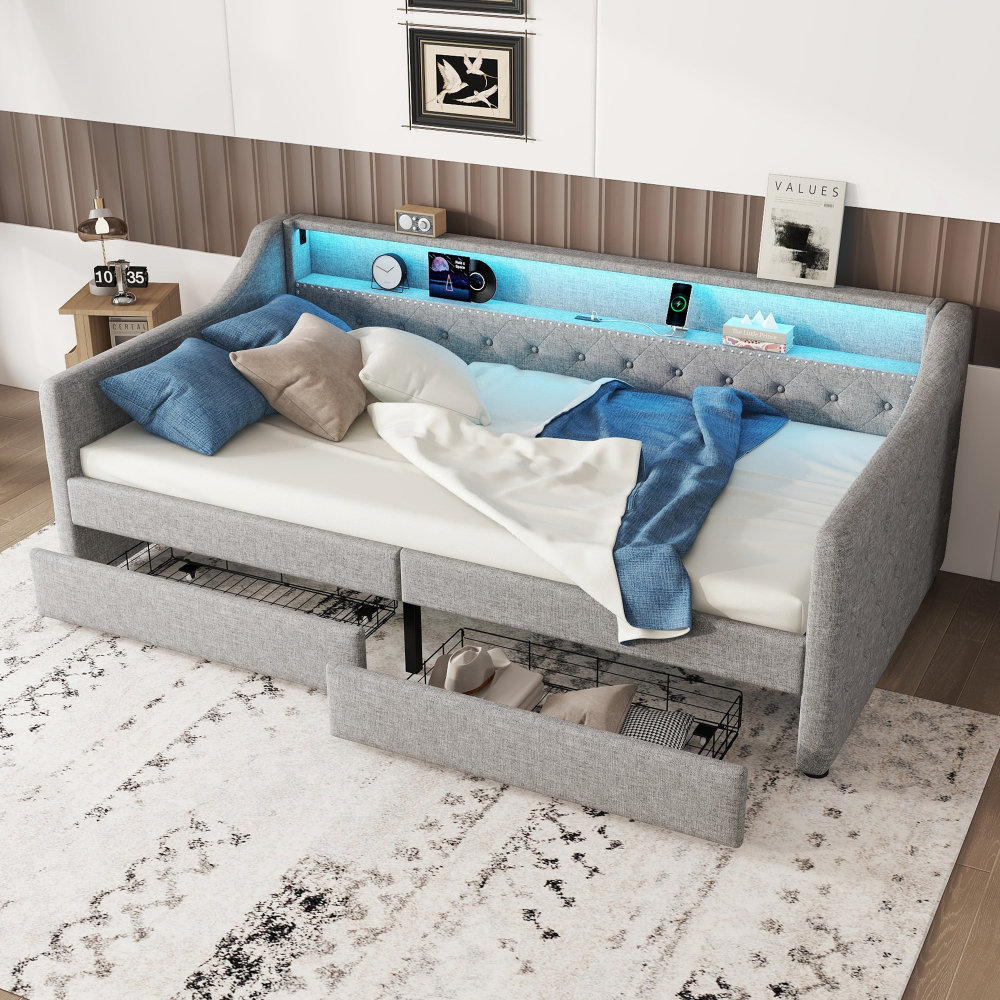 Sofá cama 90x200cm con LED, usb y 2 cajones lino – color gris