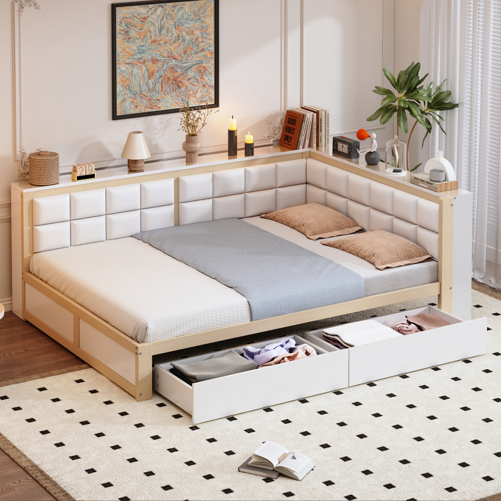 Sofá cama 140x200cm con respaldo acolchado 2 cajones, pino blanco y natural