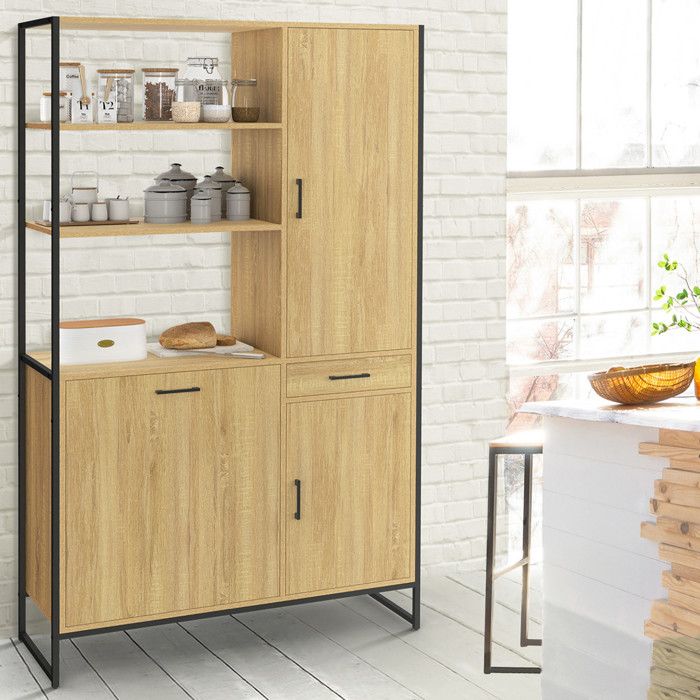 Aparador de cocina industrial de madera negra de 3 puertas 100 cm