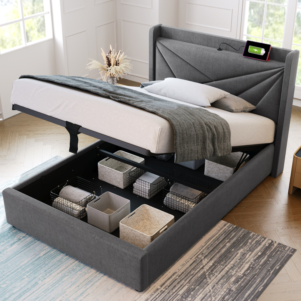 Cama tapizada 90x200cm canapé usb-c lino algodón gris