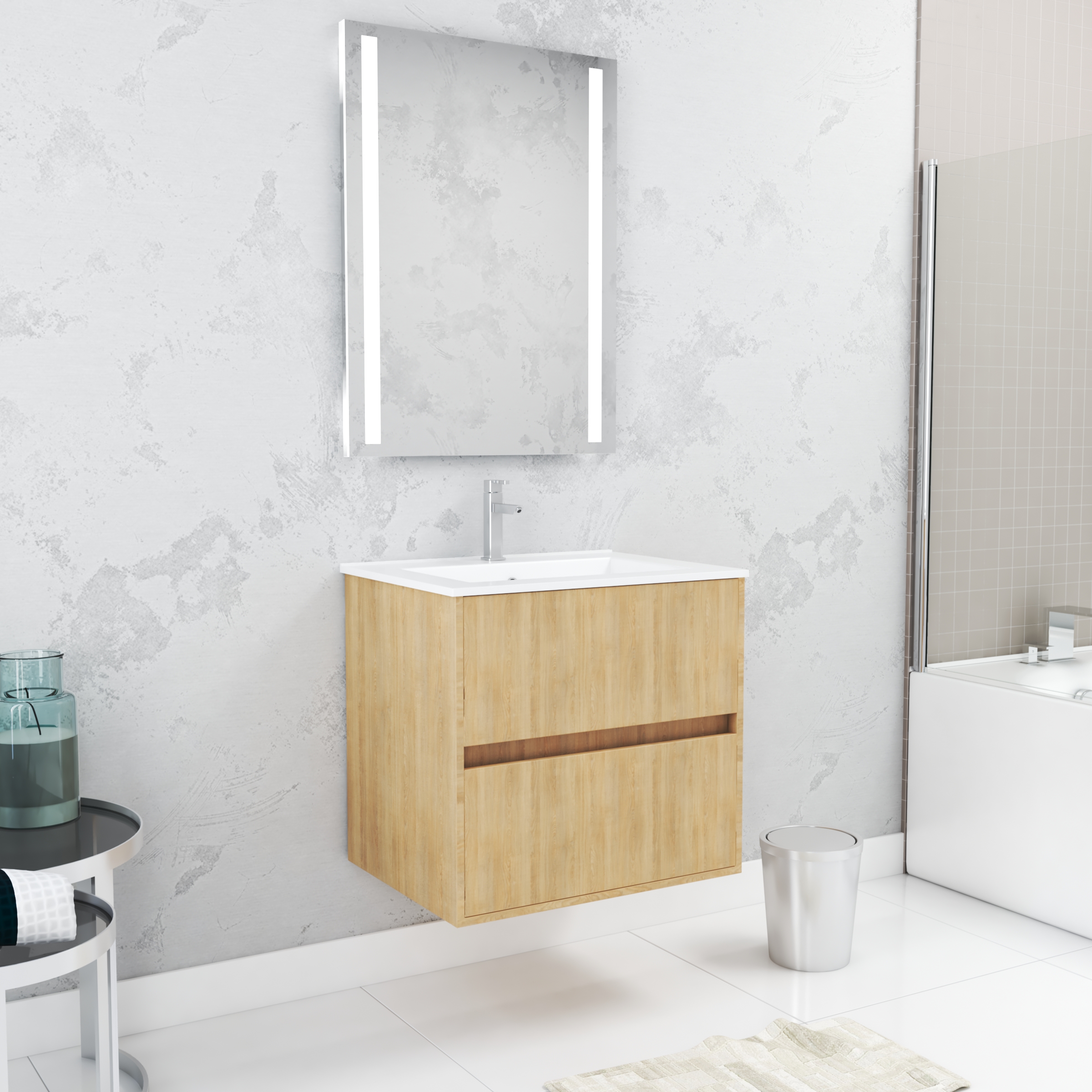 Pack mueble 60 cm roble claro 2 cajones lavabo espejo LED 60x80