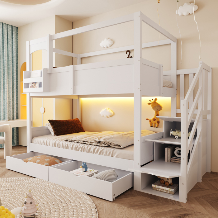 Litera infantil 90x200cm con almacenaje y pizarra madera – blanco