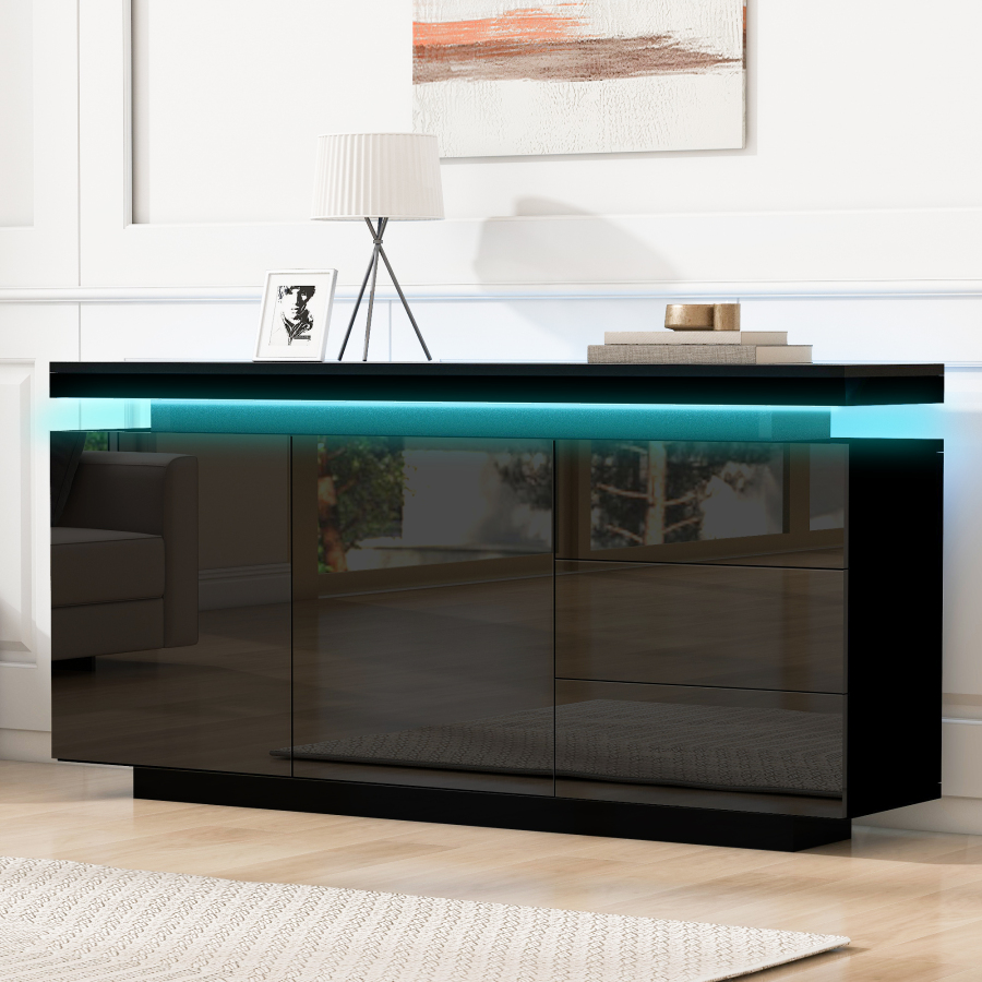 Aparador con LED 2 puertas 3 cajones negro 72,5x140x35cm