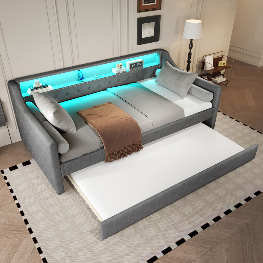 Cama nido 90x200cm con LED y usb tapizada de lino – color gris