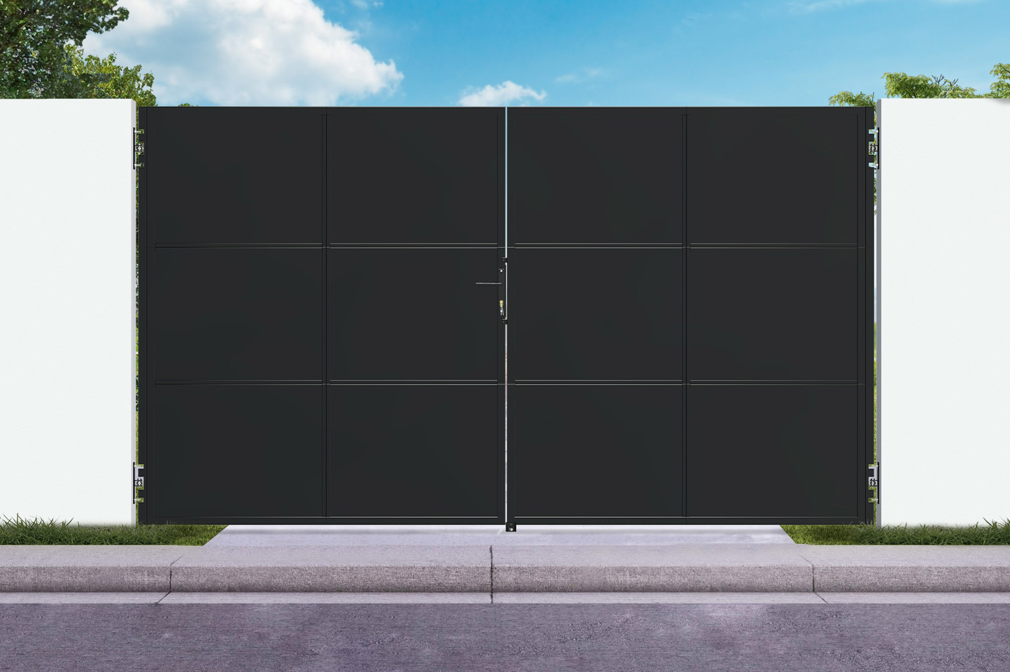 Puerta nali de acero negro mate de 3,5 m y 200 cm de altura.
