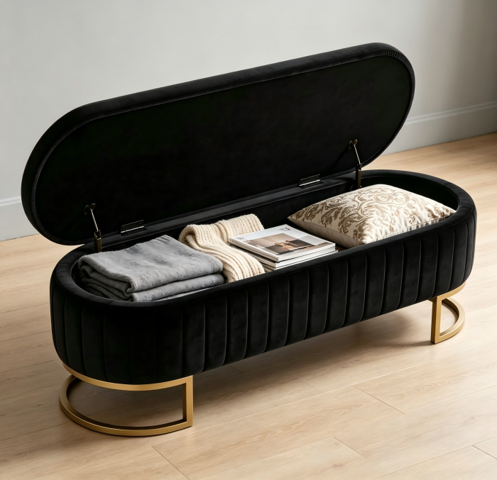 Banco tapizado con almacenaje 130 cm negro para dormitorio y recibidor