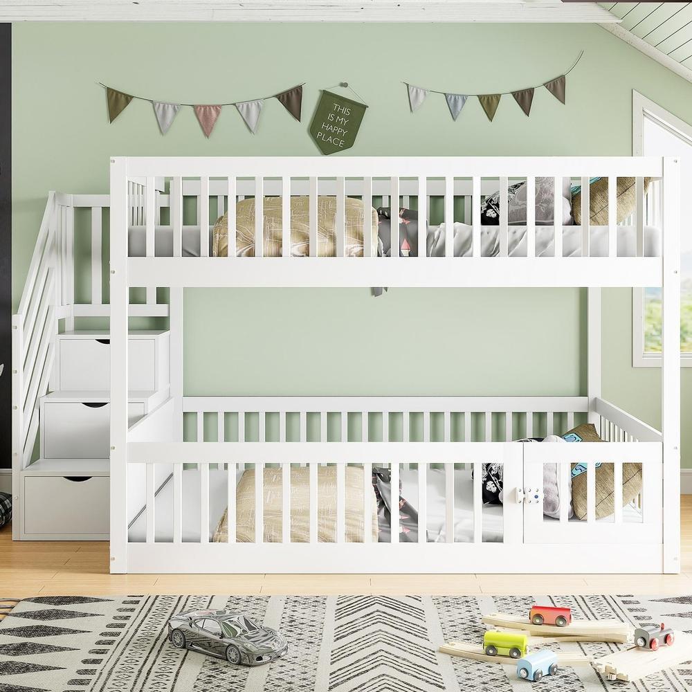 Litera infantil madera maciza con escalera de cajones 140x200cm blanco
