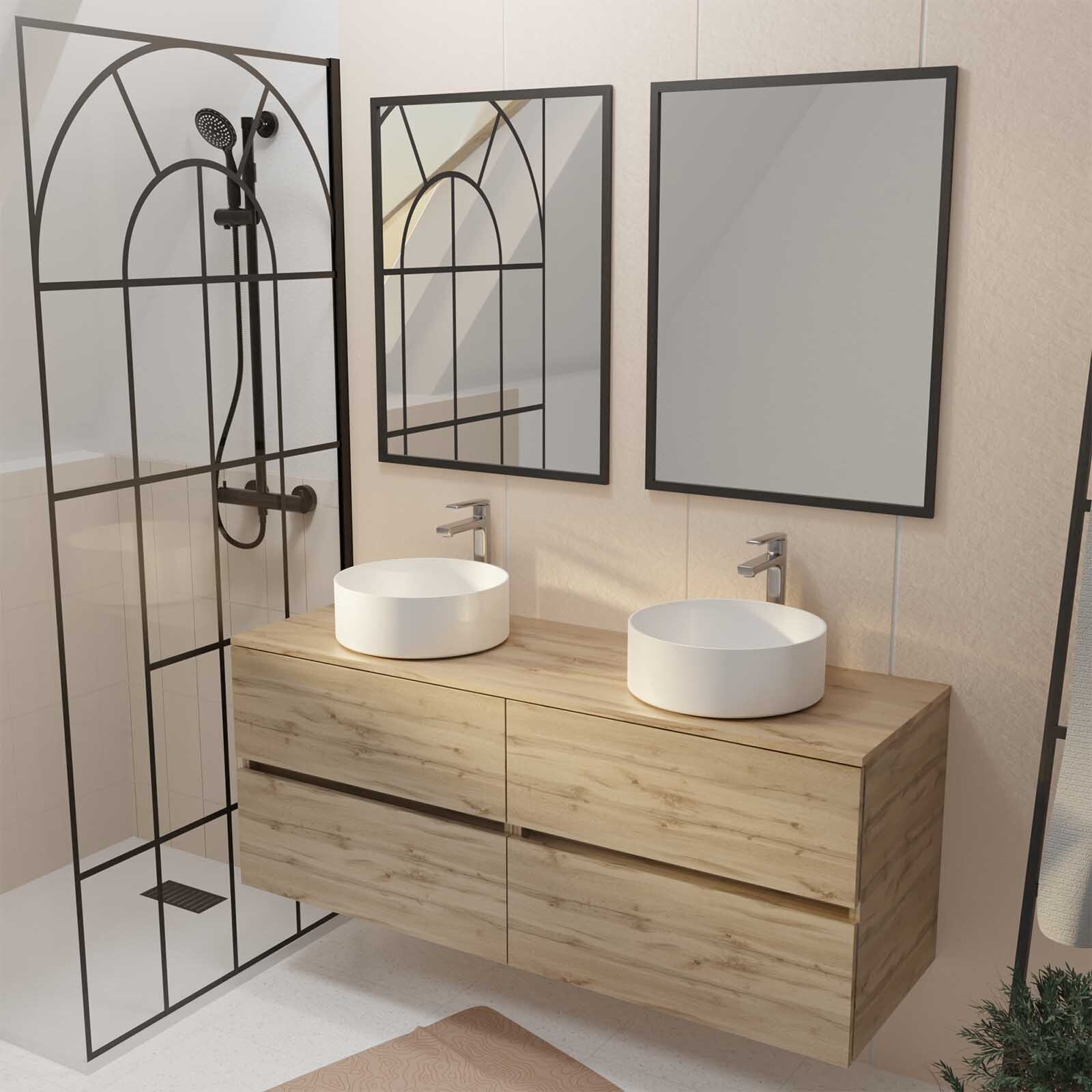 Mueble baño 120cm 4 cajones roble, lavabos blancos ø36cm, 2 espejos 60x80