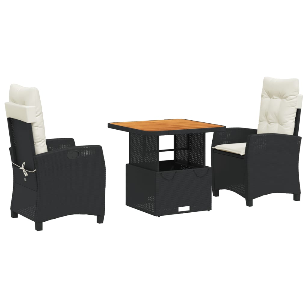vidaXL set comedor de jardín 3 pzas con cojines ratán sintético negro