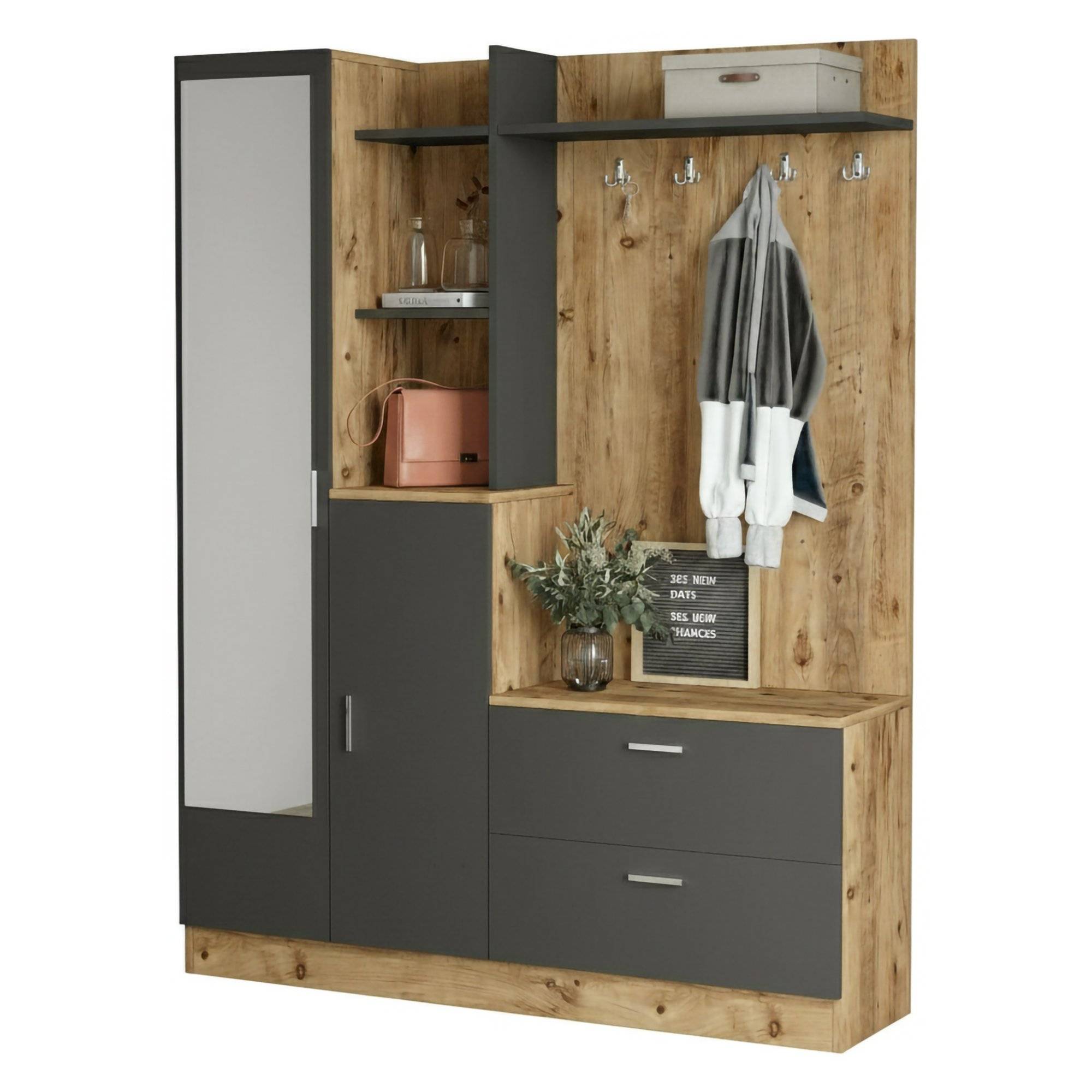 Mueble de entrada anumali, 9 estantes, madera roble marrón