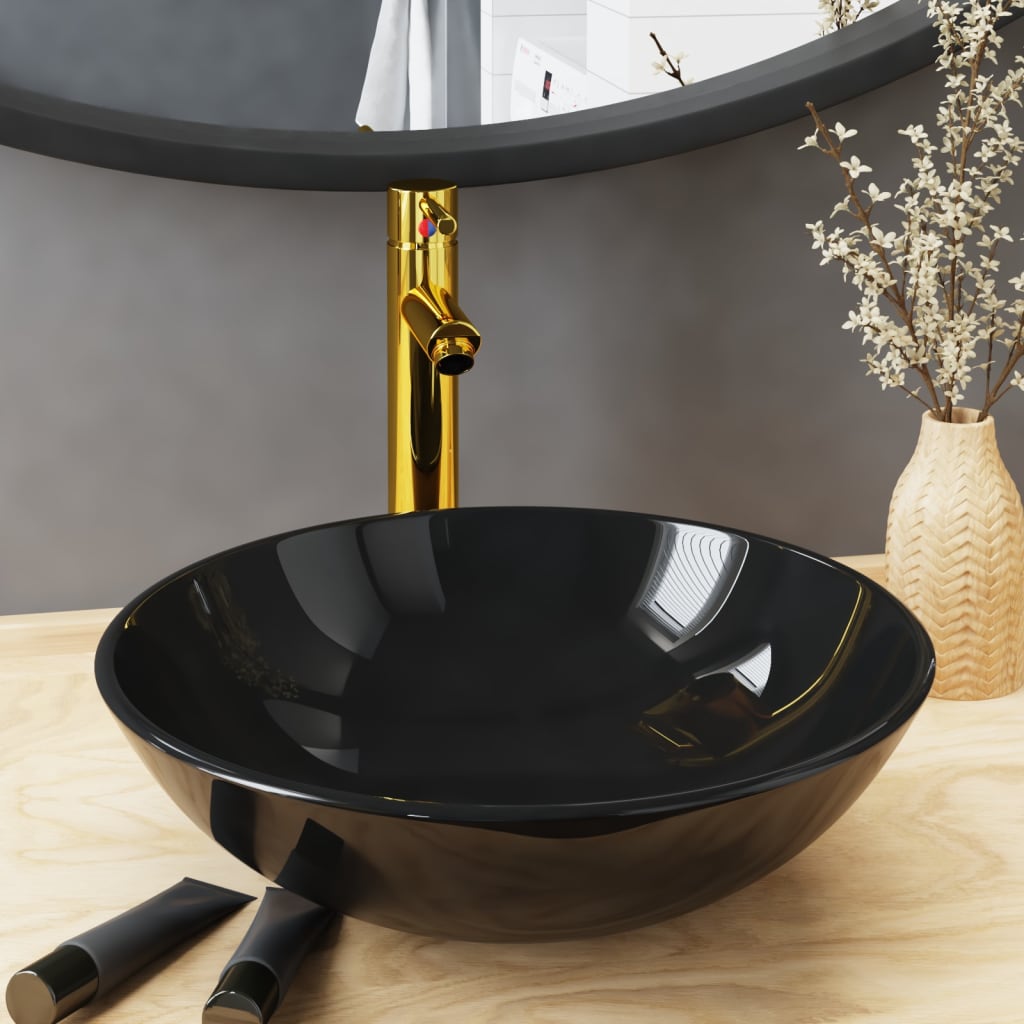 Lavabo de baño grifo y desagüe de empuje vidrio templado negro es5320