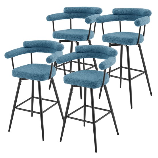 4x taburetes de bar giratorios 360°, tapizados de tejido teddy azul