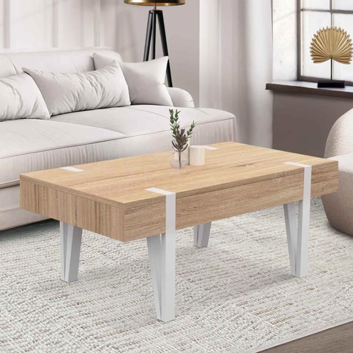 Mesa baja industrial 1 cajón madera clara/blanco - 100x55x40 cm