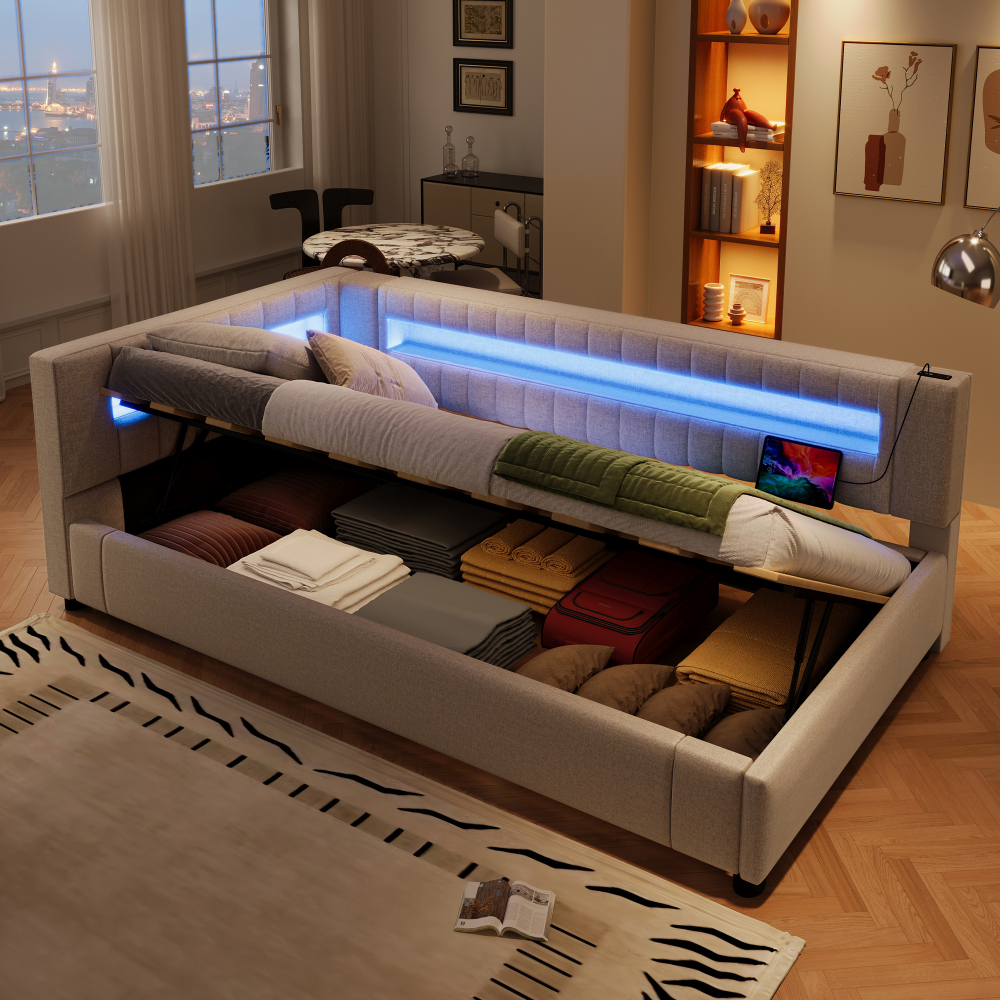 Sofá cama 90x200cm con canapé hidráulico, LED y usb lino – beige