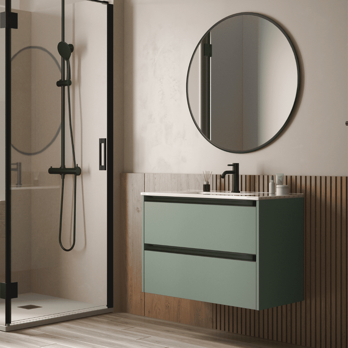 Mueble baño fondo reducido| lavabo| 2 cajones| 70 cm leaf tir. Negro