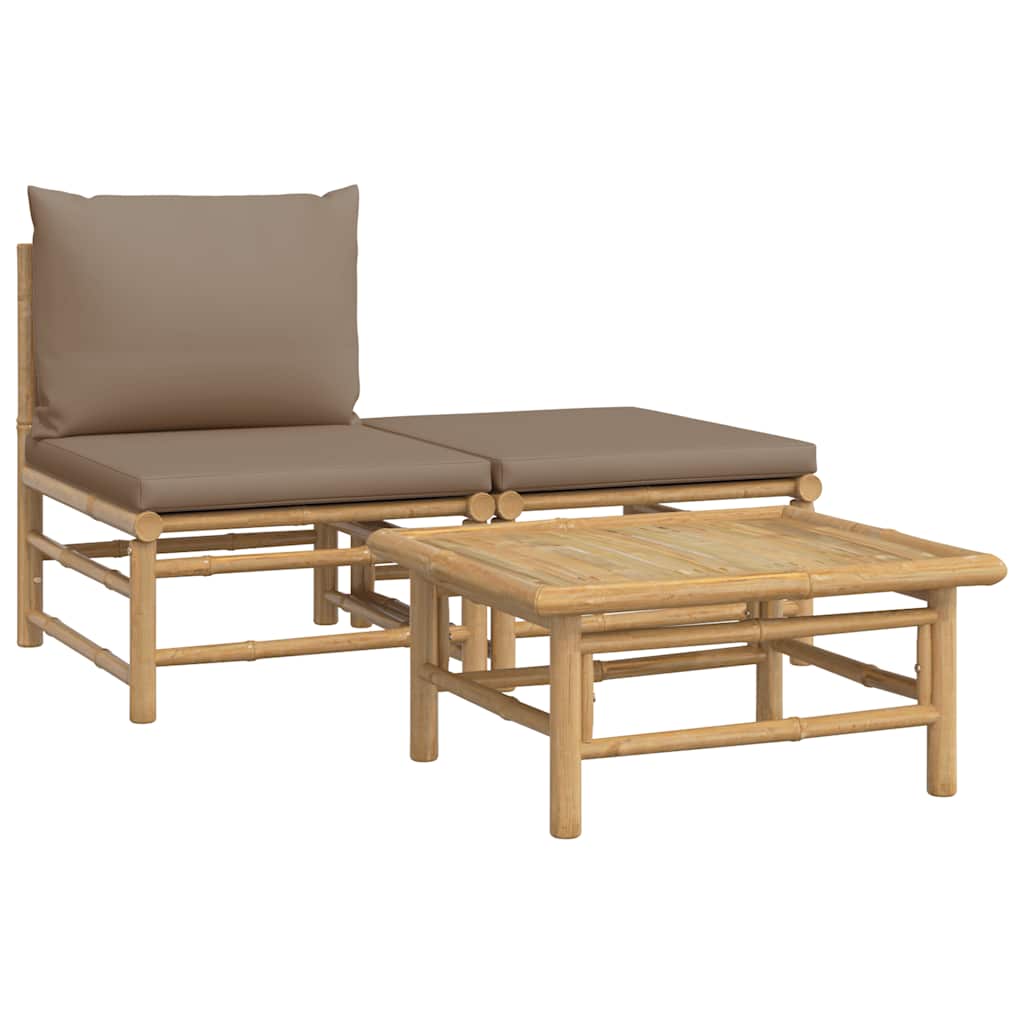 vidaXL set de muebles de jardín 3 piezas bambú y cojines gris taupe